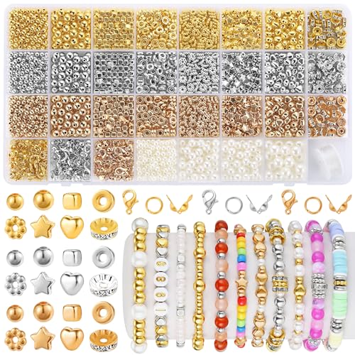 Funtopia Spacer Beads Bracelet Making Kit, 2320 Pcs Jewelry Making Supplies - color: 1.Gold, Silver, KC Gold