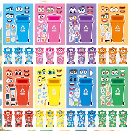 24 Sheets Recycling Bin Make a Face Sticker, Make Your Own Trash Bin Stickers Mix and Match Sticker for Home School Classroom Crafts Activities Reward Birthday Party Favors - style: Trash Sorting
