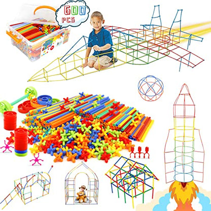 Straw Constructor Toys 600Pcs STEM Building Toy Interlocking Plastic Engineering Thin Tube Blocks Educational Kit for 3 4 5 6 7years Kids Boys and Girls Gift Preschool STEM Toy with Storage Box - color: 600pcs Rainbow