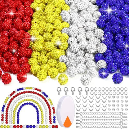 Dowarm 255PCS 10mm Rhinestone Beads for Baseball Necklace Bracelet Jewelry Making, Round Rhinestone Clay Beads for Craft Beaded Pen, Shamballa Pave Diamond, Yellow|Red|Blue|White - color: 12-Yellow | Red | Blue | White