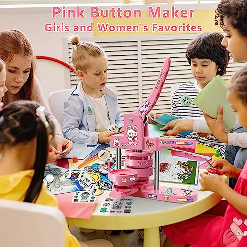 Happizza Button Maker Machine Multiple Sizes, Pin Maker Machine 1+2.25 inch, Badge Button Press Machine with Cute Stickers and 200 Sets Button Making Supplies&Circle Cutter for Girls Women(Pink) - size: Pink 1+2.25 inch (200 Sets)
