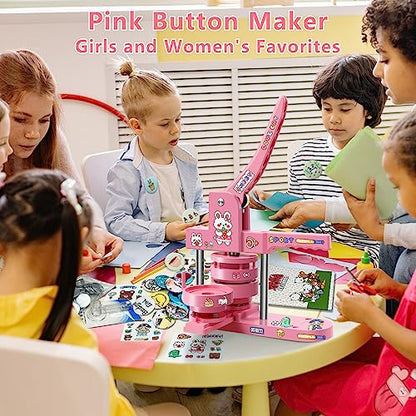 Happizza Button Maker Machine Multiple Sizes, Pin Maker Machine 1+2.25 inch, Badge Button Press Machine with Cute Stickers and 200 Sets Button Making Supplies&Circle Cutter for Girls Women(Pink) - size: Pink 1+2.25 inch (200 Sets)