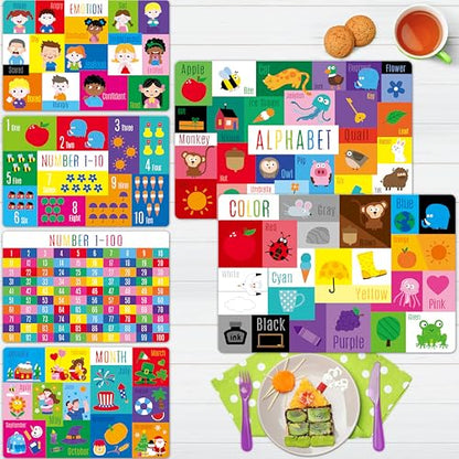 6 Pack Placemats for Kids, Non-Slip Washable, Reusable Alphabet, Number, Month, Color & Emotion Educational Placemats for Home, Kindergarten, Classroom, Nursery - style: Education-B
