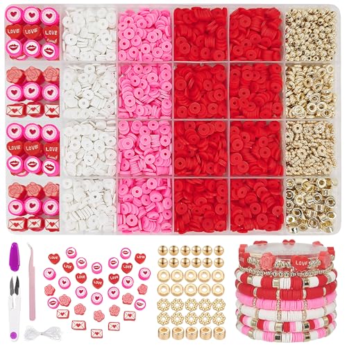 MIIIM Red Clay Bracelet Kit - Heishi Beads, Clay Charms, Gold Spacer Beads - Jewelry Making & Friendship Bracelet Kit for Valentine's Day, Crafts, Raves, Gifts - color: Red