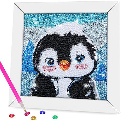 QEUOYSS Diamond Art Kit for Kids with Wooden Frame Art and Crafts for Kids Ages 6-8 -10-12 Easy to DIY Diamond Art for Kid and Adult Beginners Home Wall Decoration (Penguin) - style: Penguin