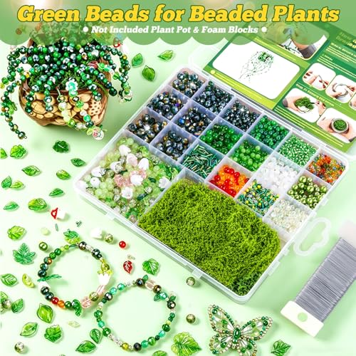 FOGWOWO 2628 Pcs Beaded Plant Kit,Glass Green Beads for Beaded Plants - color: Green C (No Pot & Foam)