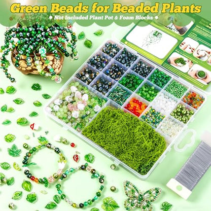 FOGWOWO 2628 Pcs Beaded Plant Kit,Glass Green Beads for Beaded Plants - color: Green C (No Pot & Foam)