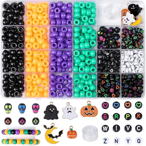 XIANNVXI 10Colours Halloween Pony Letter Beads Set Bracelet Making 640pcs Orange Purple Green White Letter Pony Beads Bulk - color: Halloween C