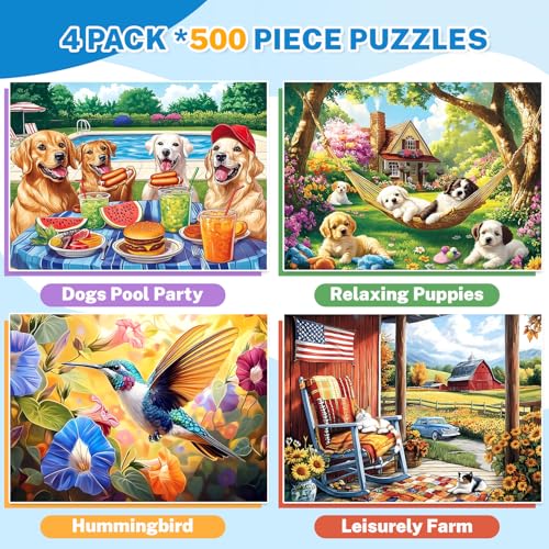 4 Packs 500 Piece Jigsaw Puzzles for Adults – Dog Puzzle, Puppy Garden, Hummingbird Flower Puzzle & Country Farm Landscape Adult Puzzles Set for Stress Relief, Family Activity, Gifts for Women Men - color: Dogs Garden Hummingbird Farm