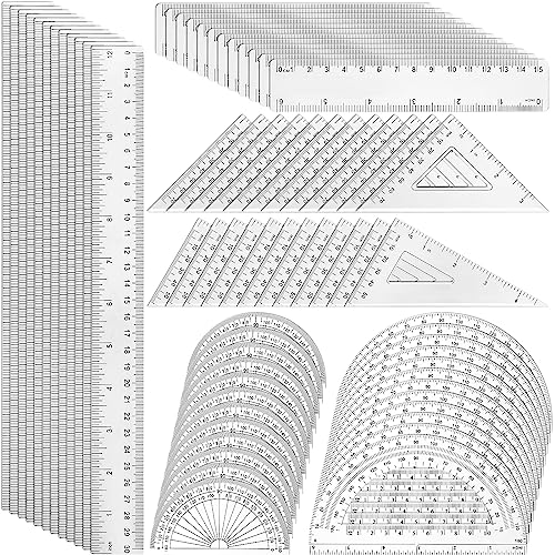 Tenare 72 Pcs Plastic Clear Math Set Includes Protractor Triangle Rulers 12 Inch 6 Inch Straight Geometry Math Transparent Ruler Measuring Tool for Office Home Supplies