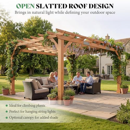 AMERLIFE 12x14 FT Outdoor Wooden Pergola, Large Solid Cedar Wood Pergola Kit with Slatted Roof Design, Heavy-Duty Frame for Backyard, Patio & Garden, Red-Brown Finish - size: 12x14 FT