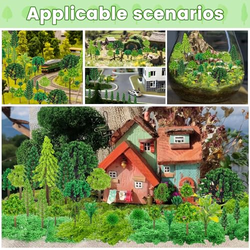 QUOZUO 36 Pcs Green Mixed Model Trees with 40g Moss, Diorama Trees Grass Mini Fake Miniature Trees Moss for Building Model, Model Train Scenery, Natural Green Landscape, Railroad Scenery