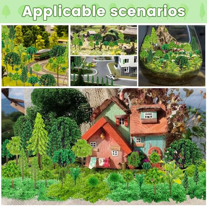 QUOZUO 36 Pcs Green Mixed Model Trees with 40g Moss, Diorama Trees Grass Mini Fake Miniature Trees Moss for Building Model, Model Train Scenery, Natural Green Landscape, Railroad Scenery