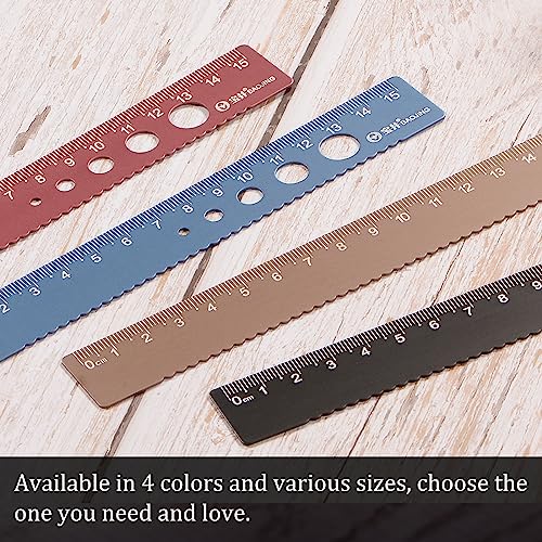 3pcs Straight Ruler - [ 15cm ] Wave Edge with Hollow Circle Metric Measuring Tool for Home Classroom Office Use | Aluminum Alloy, Wood Brown - color: Wood Brown