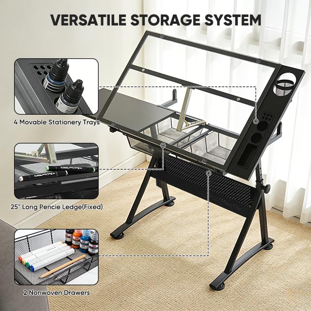 Magshion Drafting Table Adjustable Drawing Table w/Stool - color: Clear & Black