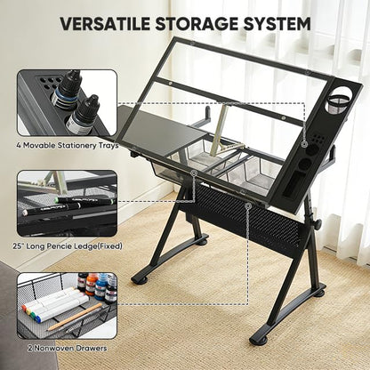 Magshion Drafting Table Adjustable Drawing Table w/Stool - color: Clear & Black
