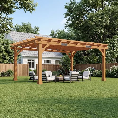 AMERLIFE 12x14 FT Outdoor Wooden Pergola, Large Solid Cedar Wood Pergola Kit with Slatted Roof Design, Heavy-Duty Frame for Backyard, Patio & Garden, Red-Brown Finish - size: 12x14 FT