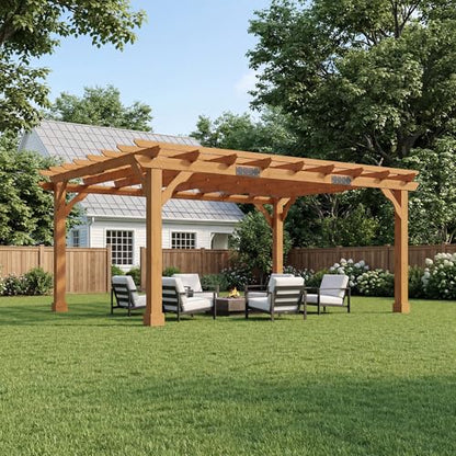 AMERLIFE 12x14 FT Outdoor Wooden Pergola, Large Solid Cedar Wood Pergola Kit with Slatted Roof Design, Heavy-Duty Frame for Backyard, Patio & Garden, Red-Brown Finish - size: 12x14 FT