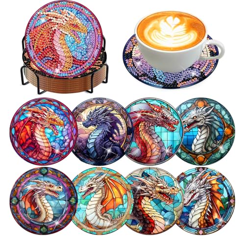 8 Pcs Diamond Art Coasters Kit for Adult with Holder, Diamond Coaster 4x4in - color: Dragon Coasters, size: 8 Pcs 4x4in