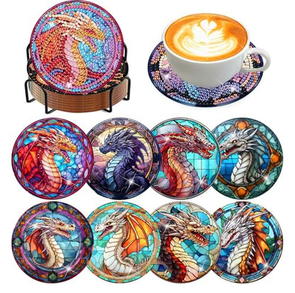8 Pcs Diamond Art Coasters Kit for Adult with Holder, Diamond Coaster 4x4in - color: Dragon Coasters, size: 8 Pcs 4x4in