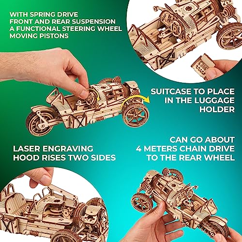 UGEARS Dream Cabriolet VM-05 + Three-Wheeler UGR-S Motorcycle - Wooden 3D Puzzles for Adults - 3D Wooden Puzzles for Adults