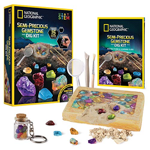 National Geographic Semi-Precious Gemstone Dig Kit for Kids - 15 Real Gems Including Amethyst, Garnet, Opal, Blue Topaz, and More, STEM Rock Collection Activity, Dig Brick, Science Kit for Kids - style: 15 Semi-precious Gems