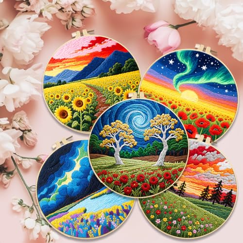 ACRNIGHEET 5 Pack Embroidery Kit for Beginners Adults, Stamped Cross Stitch Kits, Hand Embroidery Starter Kit Including 5 Stamped Embroidery Cloth, Colorful Threads, Hoop, Instruction, Gift Idea - style: Landscape Painting Patterns -5pcs