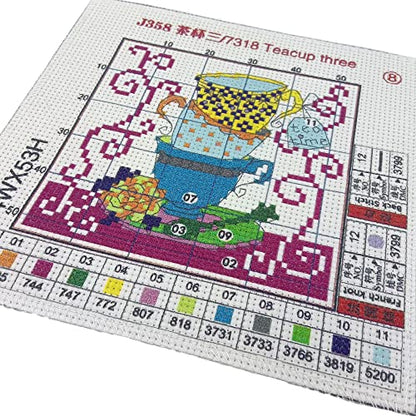 Howie's Needlepoint Cross Stitch Kits, 11CT Pre-Printed Pattern Needlepoint Kits, Full Range of Stamped Starter Kits (Teacup Three, 7.1 x 7.1 Inch) - color: Teacup Three