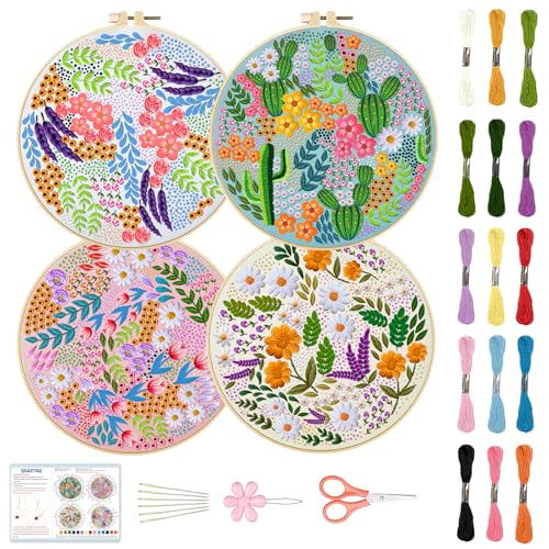 BEUNITONE 4 Set Covered Flower Embroidery Kit for Beginners 7.9"x7.9" - style: B-Grassland Plants