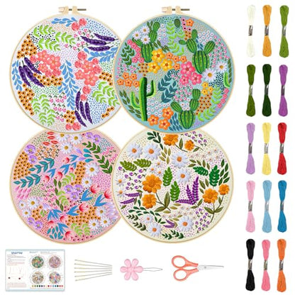 BEUNITONE 4 Set Covered Flower Embroidery Kit for Beginners 7.9"x7.9" - style: B-Grassland Plants