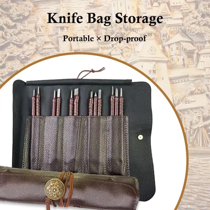 Esamploe Soapstone Carving Kit,Tungsten Steel,12 Pcs with Leather Roll Bag