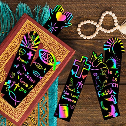 CY2SIDE 60PCS Religious Scratch Bookmarks, DIY Crosses Rainbow Color Paper Cards Craft Kits for Christian Sunday School Church, Easter Magic Art Project for Vacation Bible Classroom