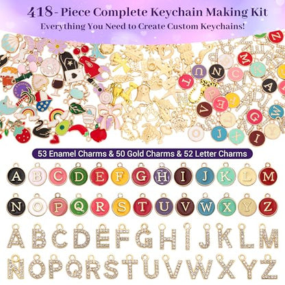 Koruhi 418pcs Charms Lip Gloss Keychain Making Kit,Cute Gold DIY Keychain Supplies Including Organizer Box,Pliers, Tassels, Enamel Letter Charms,Complete Key Chain Kits for DIY Craft Gifts(418, Gold)