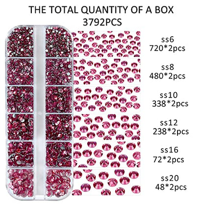 12 Grids 3792pcs Rose Flatback Rhinestones Set for Nail, Art, Crafts, Makeup, Tumblers Glitter Round with Tweezers and Picking Pen(SS6~SS20) - color: Lt.Rose