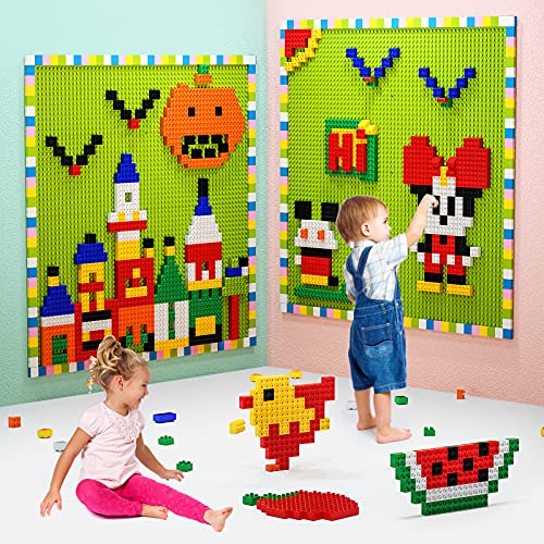 Build On Wall or Table - Customize Building Block Wall, 8 Pack (10" x 20") Self Adhesive Building Base Plate, 440 Pcs Compatible with All Major Brand Brick - Fastest Easiest DIY Fun Wall and Desk - style: 440 Pcs Building Blocks and 8 Pcs Baseplate