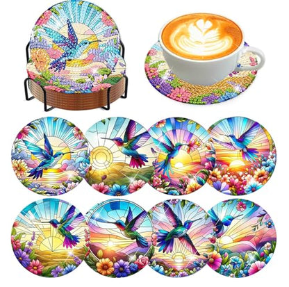 8 Pcs Diamond Art Coasters Kit for Adult with Holder, Diamond Coaster 4x4in - color: Hummingbird Coasters, size: 8 Pcs 4x4in