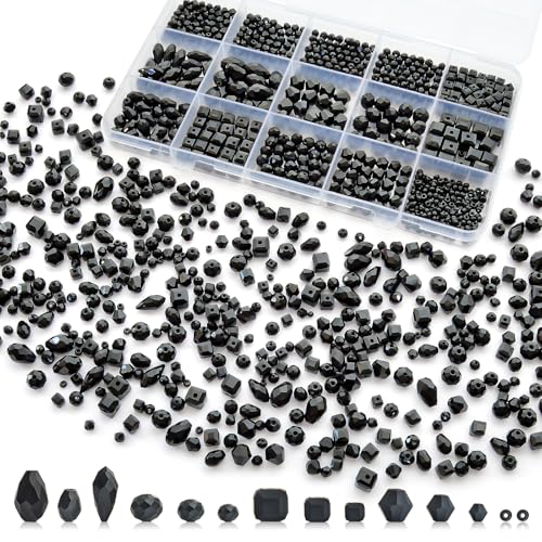 1500 Pcs Crystal Glass Beads for Jewelry Making – 12 Styles Bicone, Rondelle, Cube, Teardrop & 3mm Spacer Beads, DIY Bracelet Necklace Earring Craft Kit with Organizer Box(Black) - color: Black