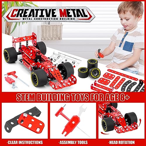 Building Car Metal Model Kits,STEM Building Toys Model Car Kits for Boys 8-12,Erector Sets 1:20 Scale Red Racing Car Metal Building Blocks for Kids Boys 8 9 10 11 12-16 Years Old