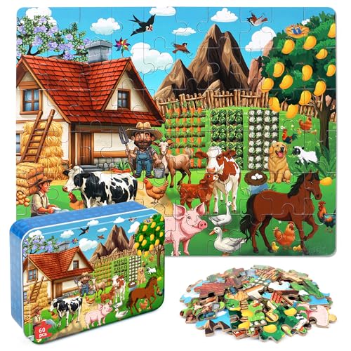 LELEMON Puzzles for Kids Ages 4-6,60 Piece Puzzles for Kids in a Metal Box - color: Farm 1)