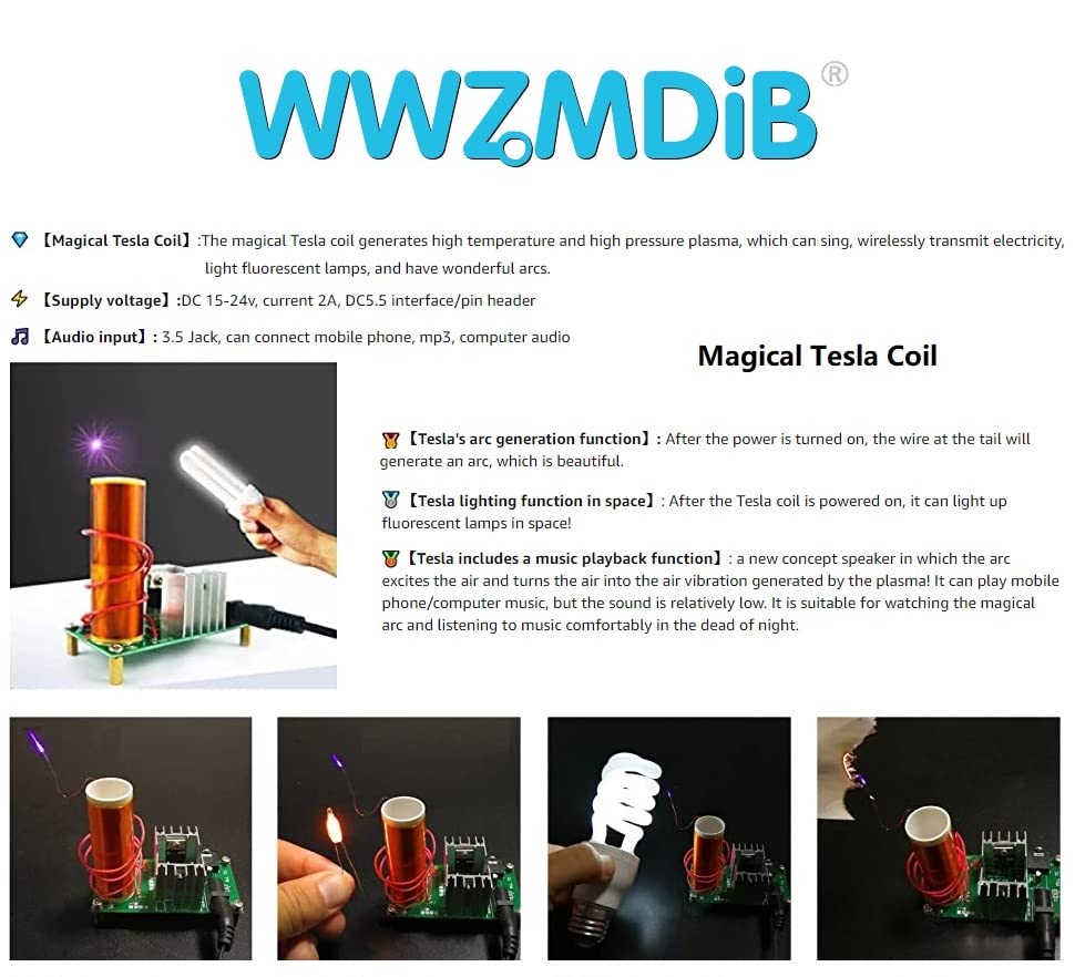 WWZMDiB Mini DIY Tesla Coil Kit Practice Soldering Project Electronic Kit for Adults which can Sing, wirelessly Transmit Electricity, Light Fluorescent Lamps, and Have Wonderful arcs.