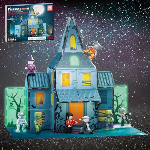PicassoTiles 57 PCS Magnetic Tiles Halloween Haunted House STEM Set Ages 3+ - color: Haunted House