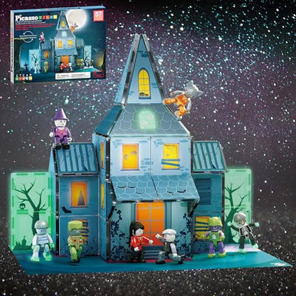PicassoTiles 57 PCS Magnetic Tiles Halloween Haunted House STEM Set Ages 3+ - color: Haunted House