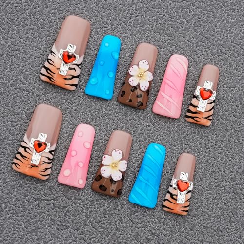 Handmade Press on Nails Long Duck, Tiger Flower Heart Fake Nails | Glossy Multi-Layer Acrylic Finish with Tiger Print Accent, 3D Flower Detail and Cross with Red Heart on Duck Shape, Size M - color: Tame the Wild Heart, size: M