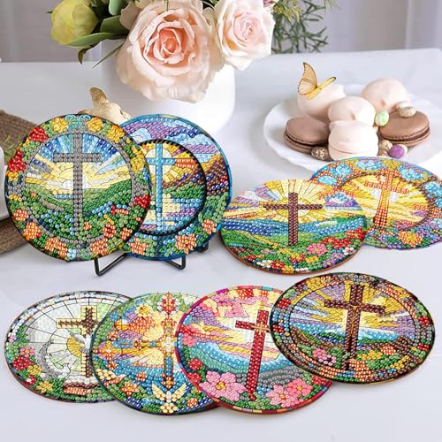 mrpwnle 8 Pack Diamond Art Coasters Kits - Cross Diamond Painting Coasters - color: Cross