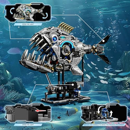Mechanical Piranha Building Sets, Ocean Animal Collection Toy, Multi-Jointed Movement with Ice Blue Accents, Adults Home or Office Decor, STEM Building Gift for Adults Teens 13+ (1085 PCS) - style: Mechanical Piranha