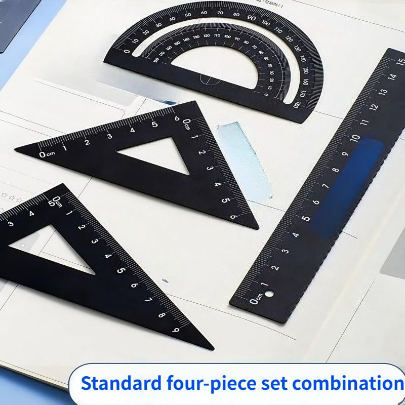 1 Set 4pcs Thickened Aluminum Alloy Drawing Kit with Storage Box for Office, Drawing, Student Measurement Ruler Set (Black) - color: Black