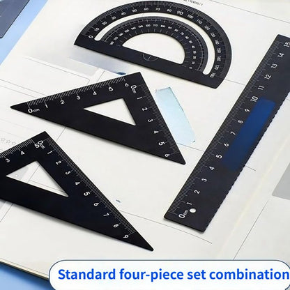 1 Set 4pcs Thickened Aluminum Alloy Drawing Kit with Storage Box for Office, Drawing, Student Measurement Ruler Set (Black) - color: Black