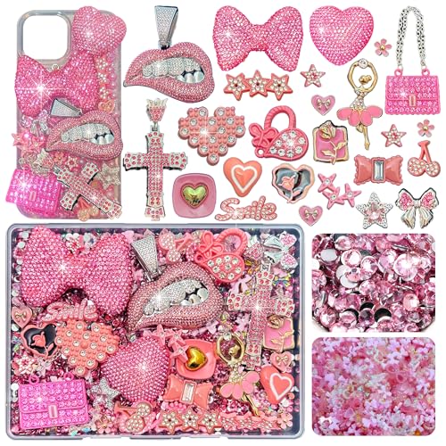 Junk Case Charms Kit, Pink Junks Phones Cases 3D Rhinestone Cool teeth and lips And Bows Chain Bags Hearts And Cross Flowers And Other Bedazzling Kits Can Be Used In DIY Phone Case Designs