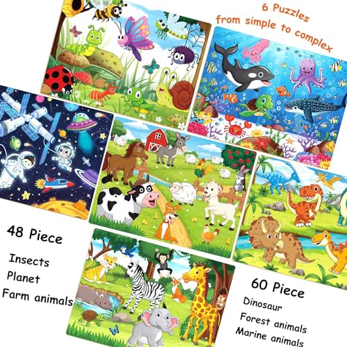 Puzzles for Kids Ages 4-8, Wooden Jigsaw Puzzles 48 & 60 Pieces, 6 Pack