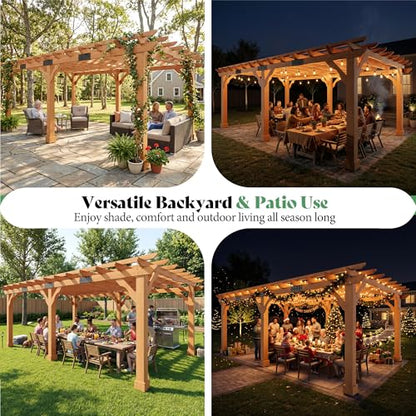 AMERLIFE 12x20 FT Outdoor Wooden Pergola, Large Solid Cedar Wood Gazebo Kit with Slatted Roof Design, Heavy-Duty Frame for Backyard, Patio & Garden, Red-Brown Finish - size: 12x20 FT